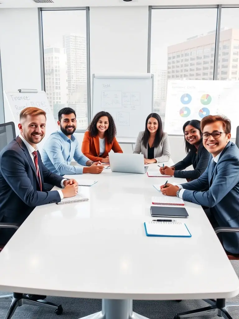 A diverse team of business professionals collaborating around a table, brainstorming ideas during a MomentumUKUno team coaching workshop.