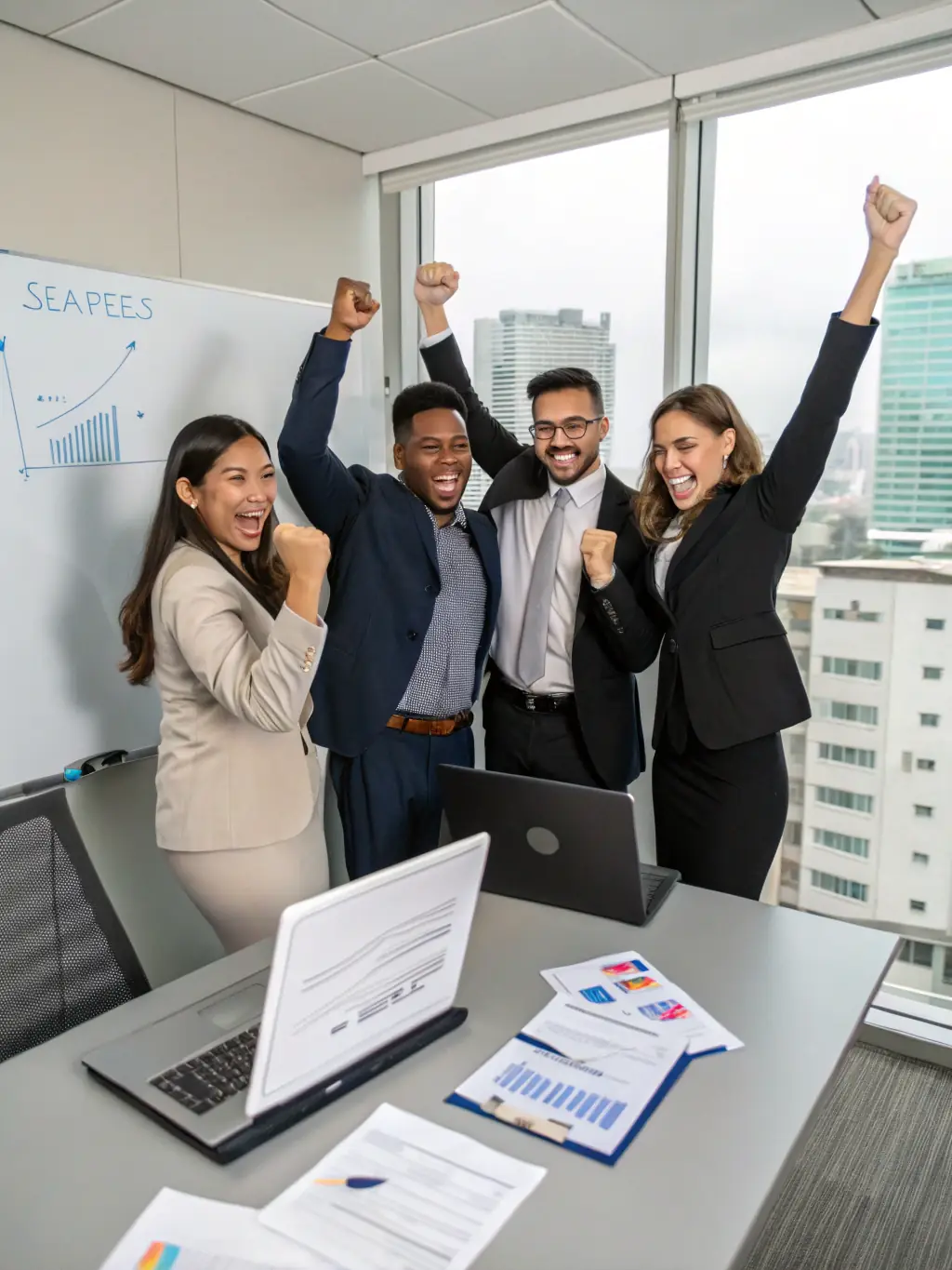A diverse team celebrating a successful project completion, highlighting the importance of teamwork and collaboration.