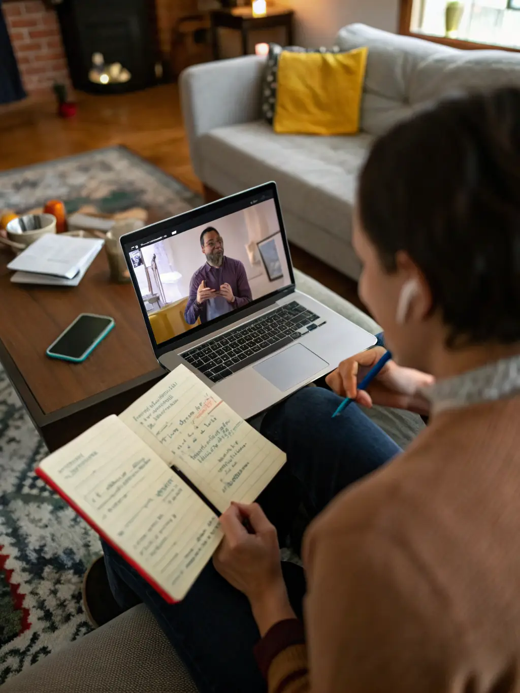 A professional coach engaging with a client in a modern office setting, discussing strategies with a laptop and notes.