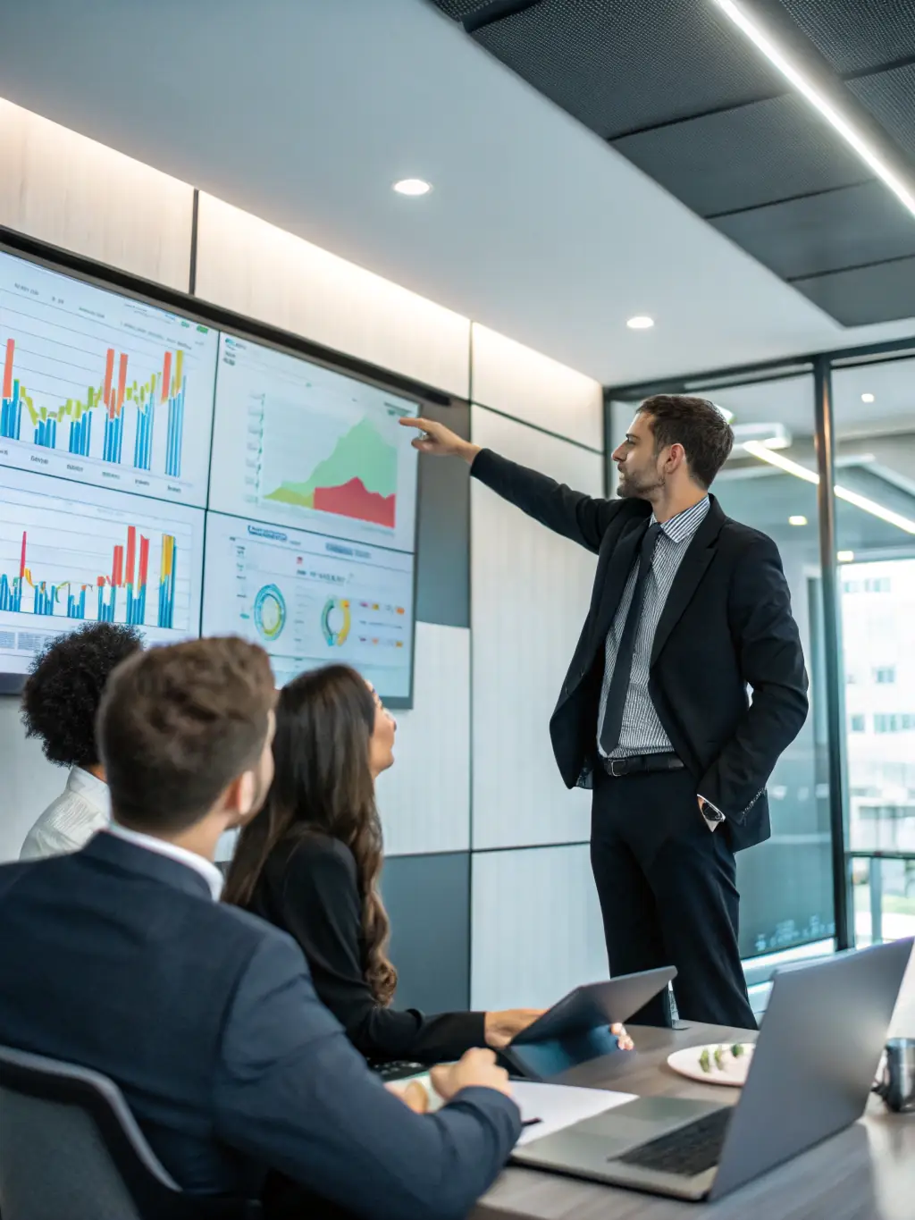 A professional businessman in a suit confidently presenting a growth chart during a MomentumUKUno coaching session, symbolizing strategic business growth.